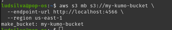 Imagem: Saída do comando aws s3 mb, com o my-kumo-bucket criado